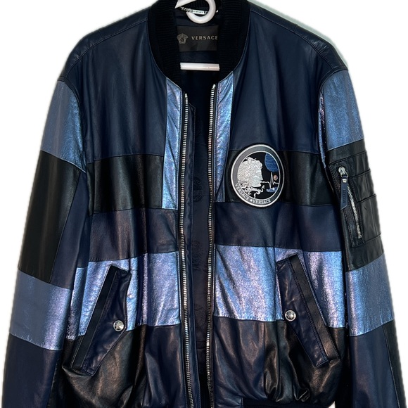 Versace Blue and Black Bomber rare Runway Jacket with Stand-Up Collar